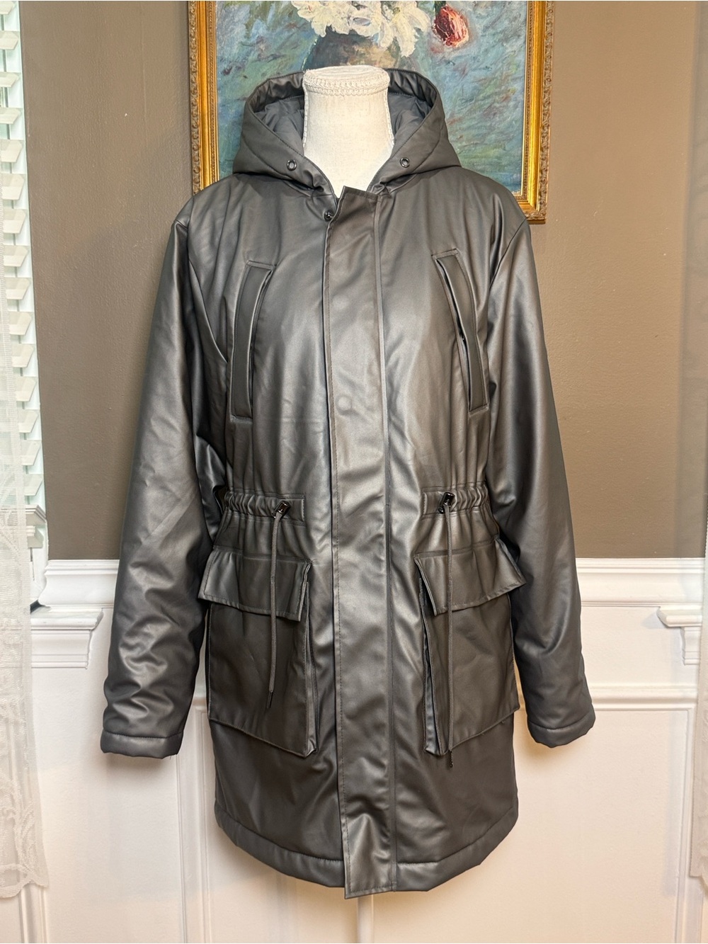 RAINS Women XS/S Metallic Silver Long Puffer Parka Hooded Cinch Waist